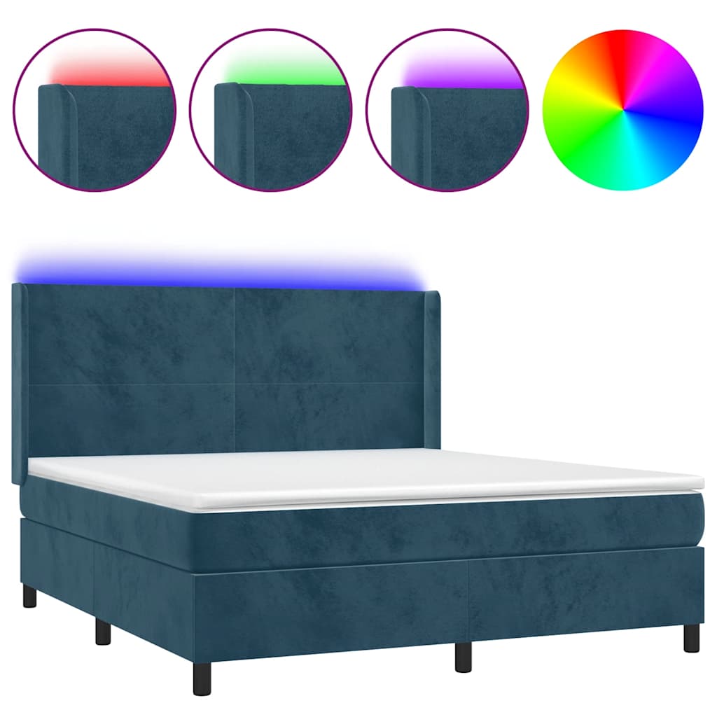 Krevet box spring s madracem LED tamnoplavi 180x200 cm baršun