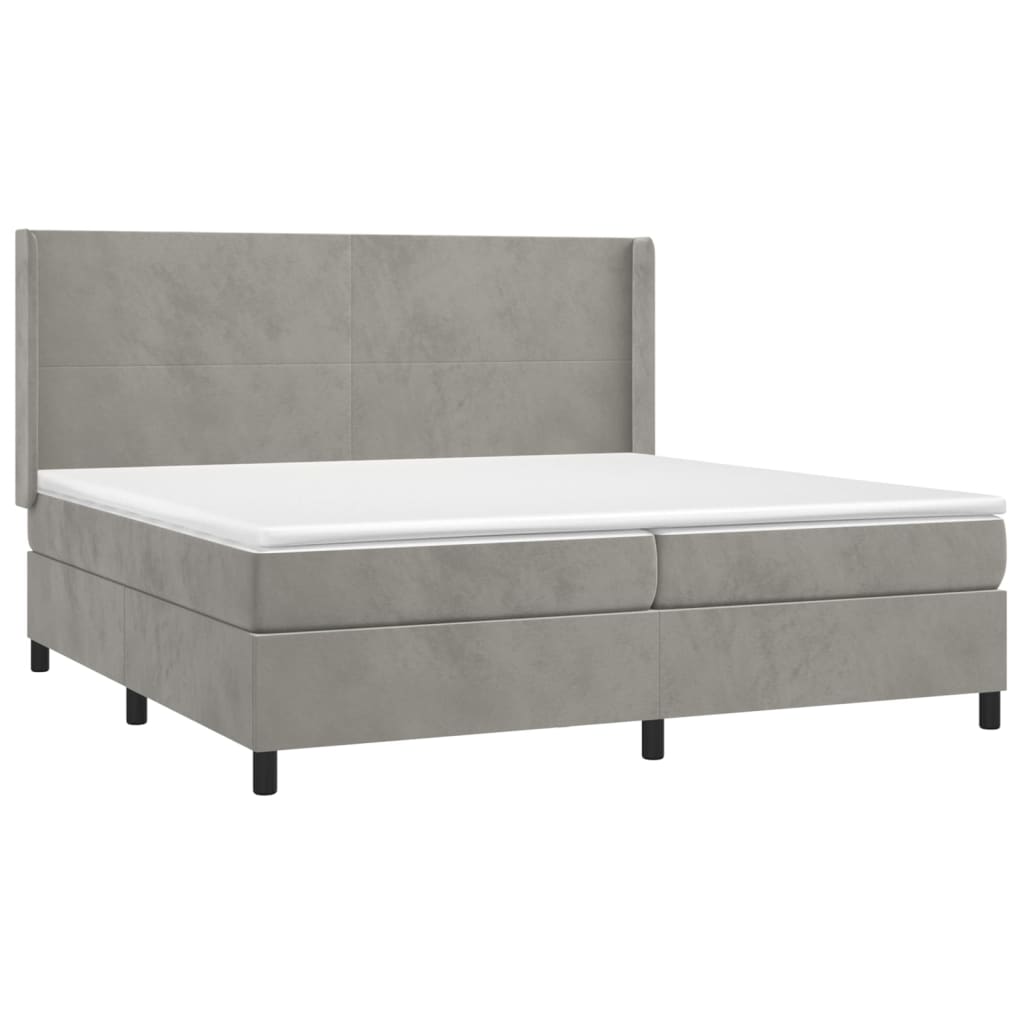 Krevet box spring s madracem LED svjetlosivi 200x200 cm baršun