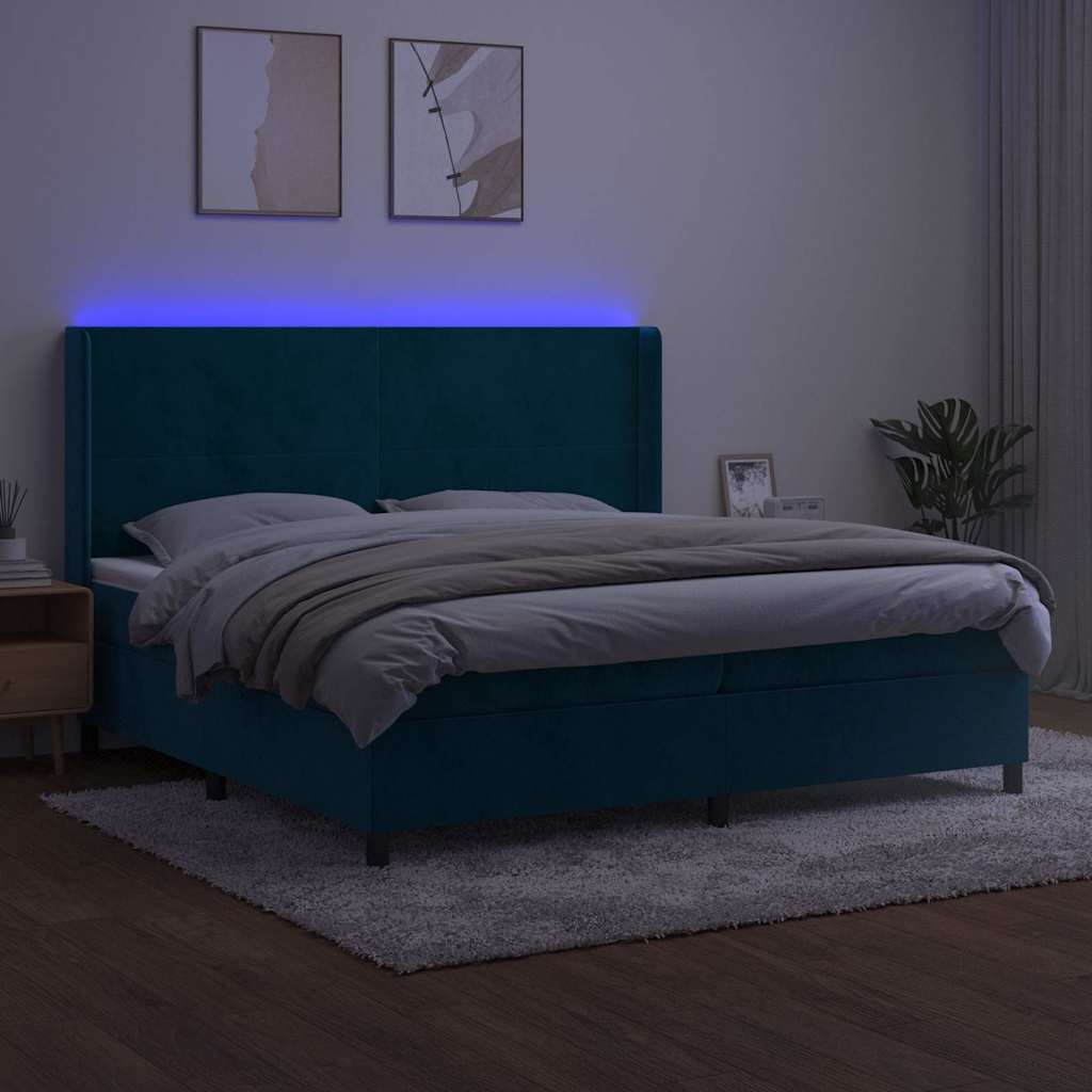 Krevet box spring s madracem LED tamnoplavi 200x200 cm baršun