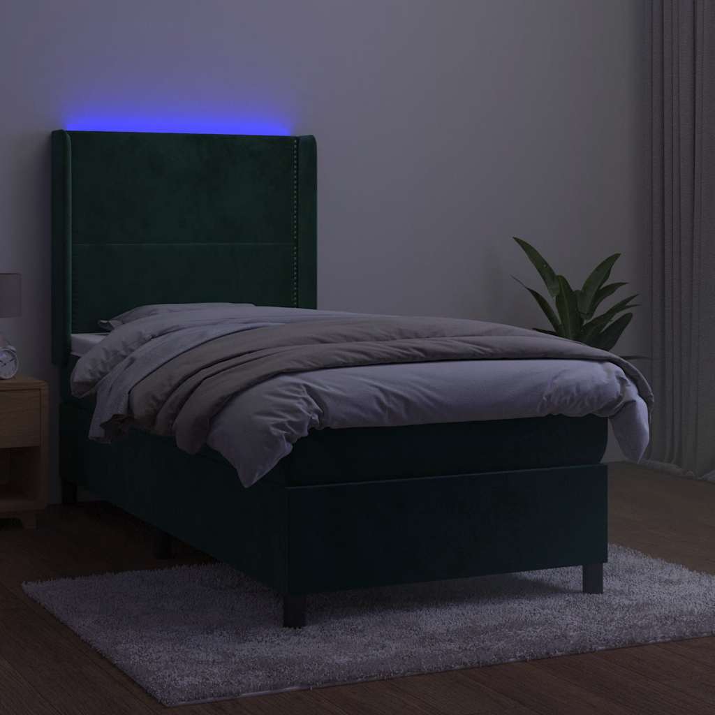 Krevet box spring s madracem LED tamnozeleni 90x200 cm baršun