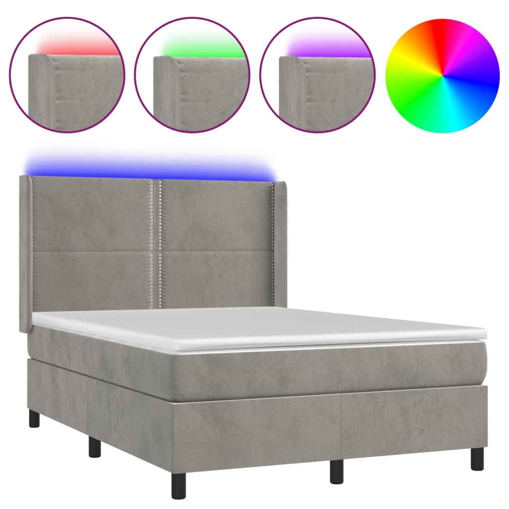 Krevet box spring s madracem LED svjetlosivi 140x200 cm baršun