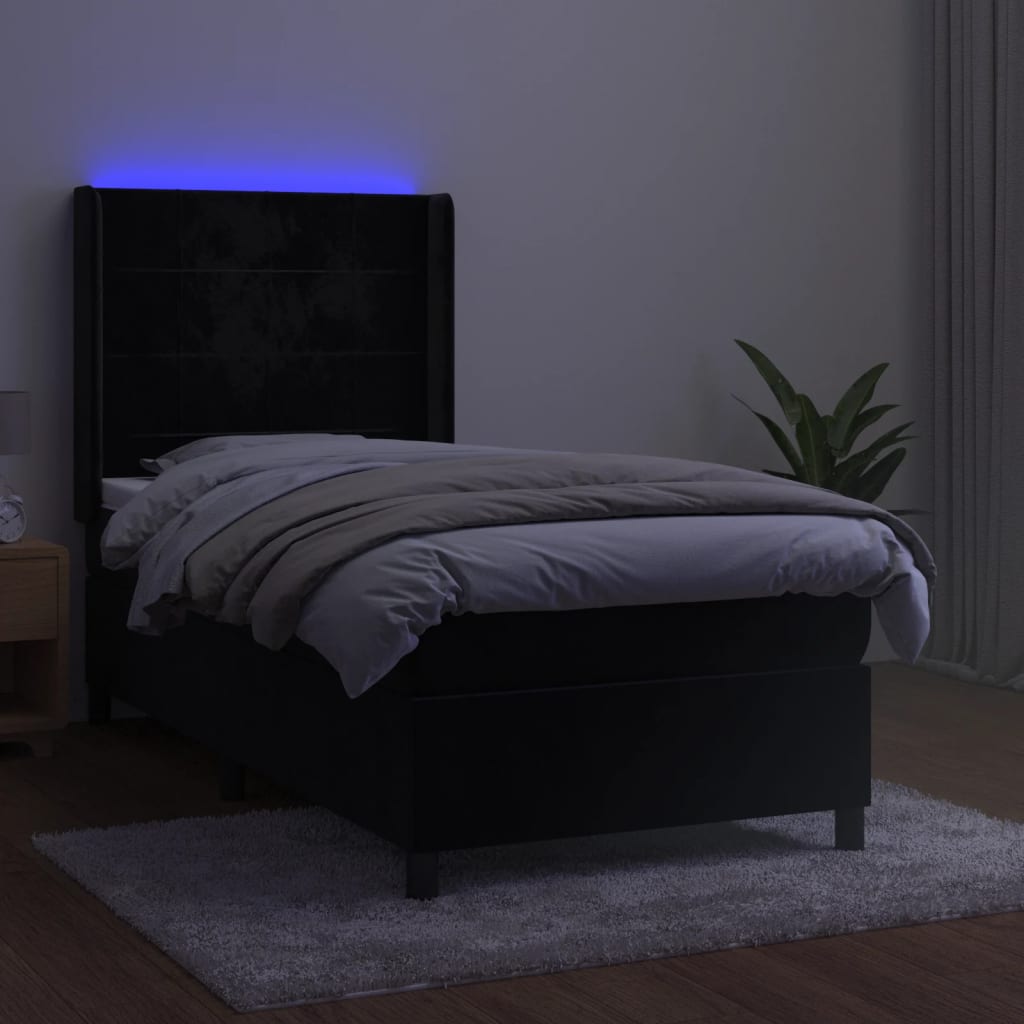 Krevet box spring s madracem LED crni 90x190 cm baršun
