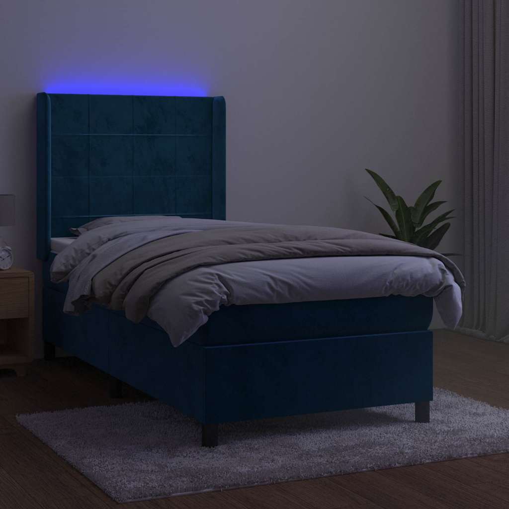 Krevet box spring s madracem LED tamnoplavi 90x190 cm baršun
