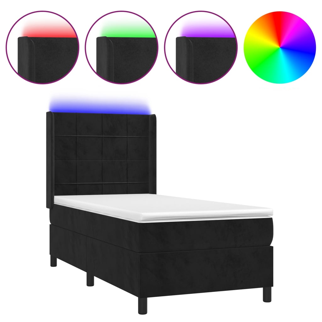 Krevet box spring s madracem LED crni 90x200 cm baršun