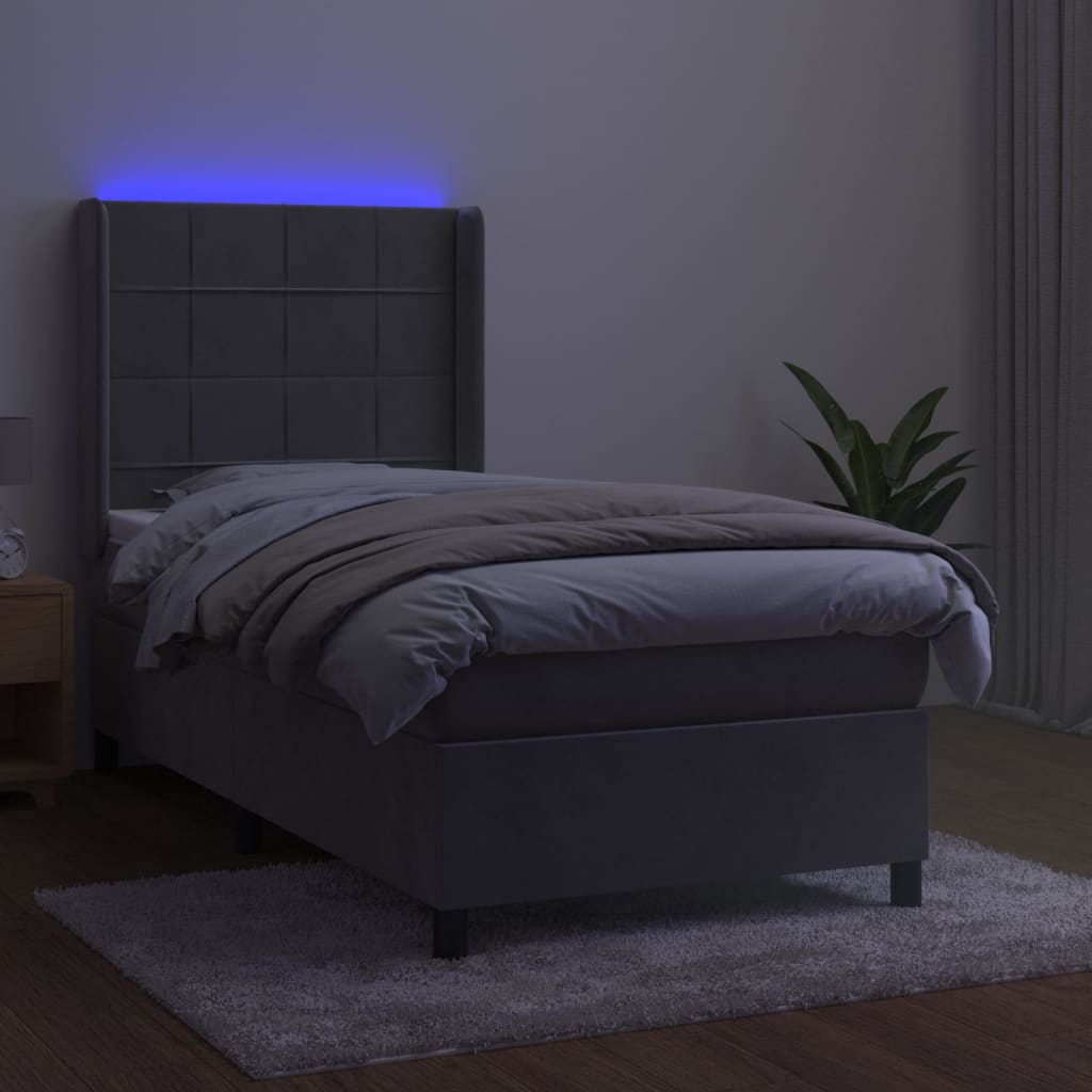 Krevet box spring s madracem LED svjetlosivi 100x200 cm baršun