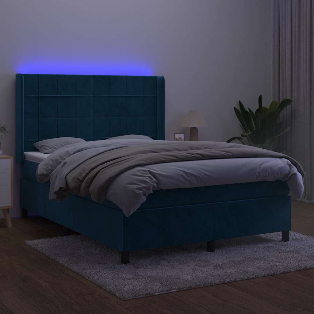 Krevet box spring s madracem LED tamnoplavi 140x190 cm baršun