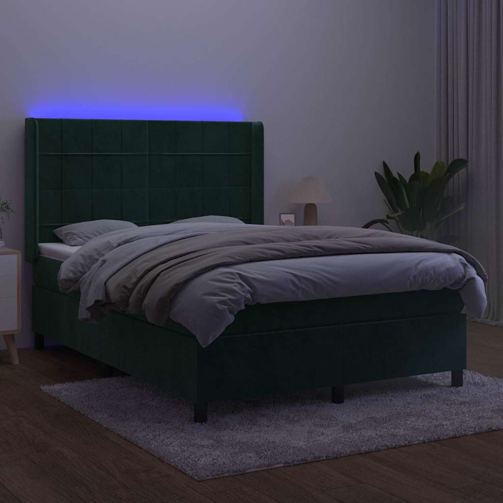 Krevet box spring s madracem LED tamnozeleni 140x200 cm baršun
