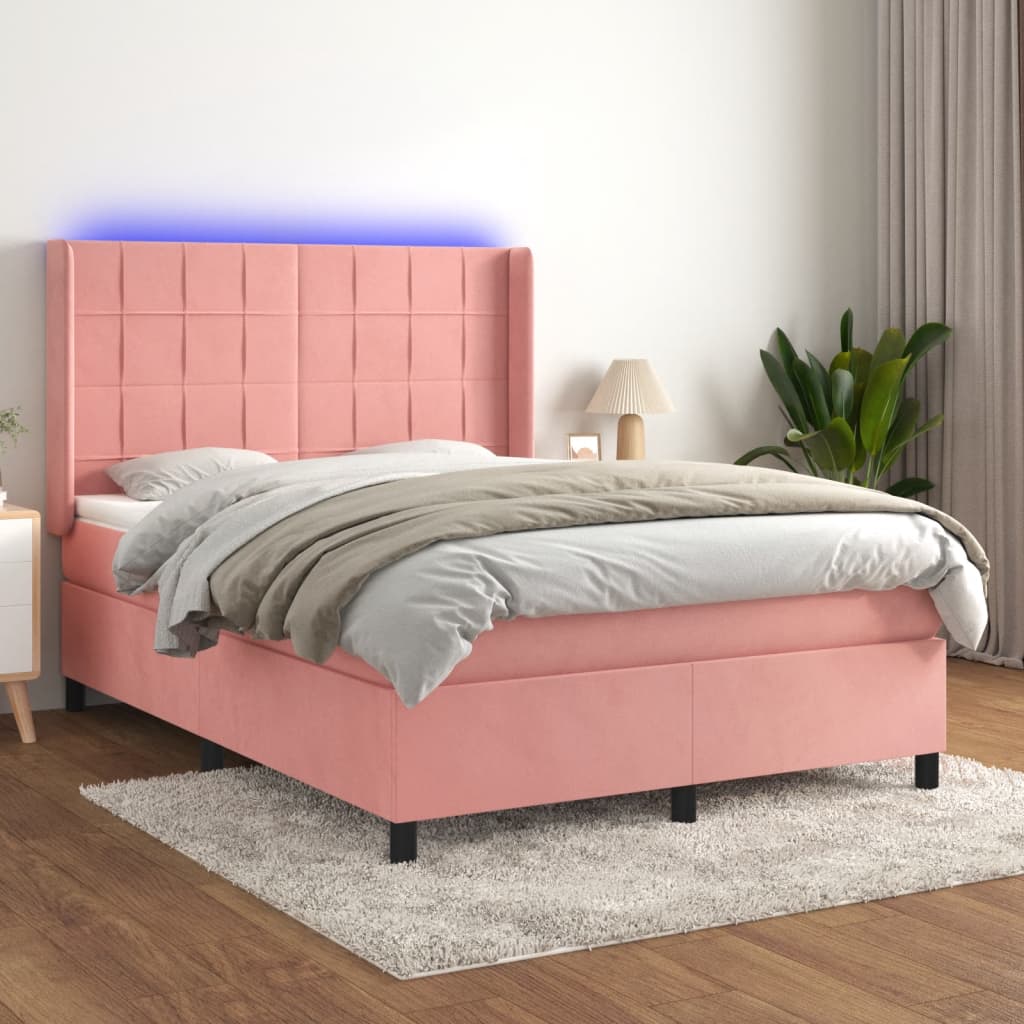 Krevet box spring s madracem LED ružičasti 140x200cm baršunasti