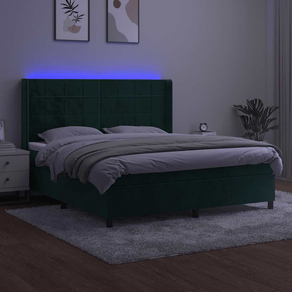Krevet box spring s madracem LED tamnozeleni 180x200 cm baršun