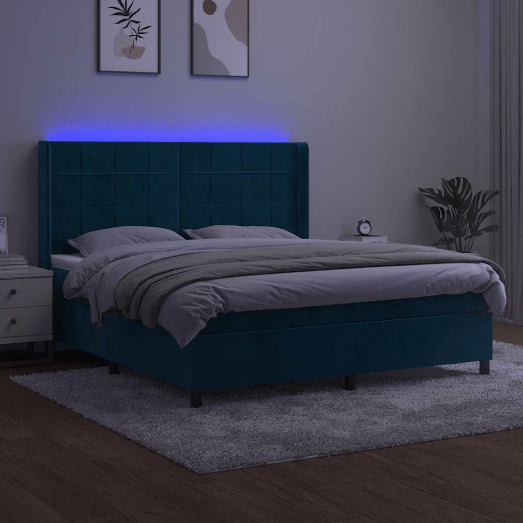 Krevet box spring s madracem LED tamnoplavi 180x200 cm baršun