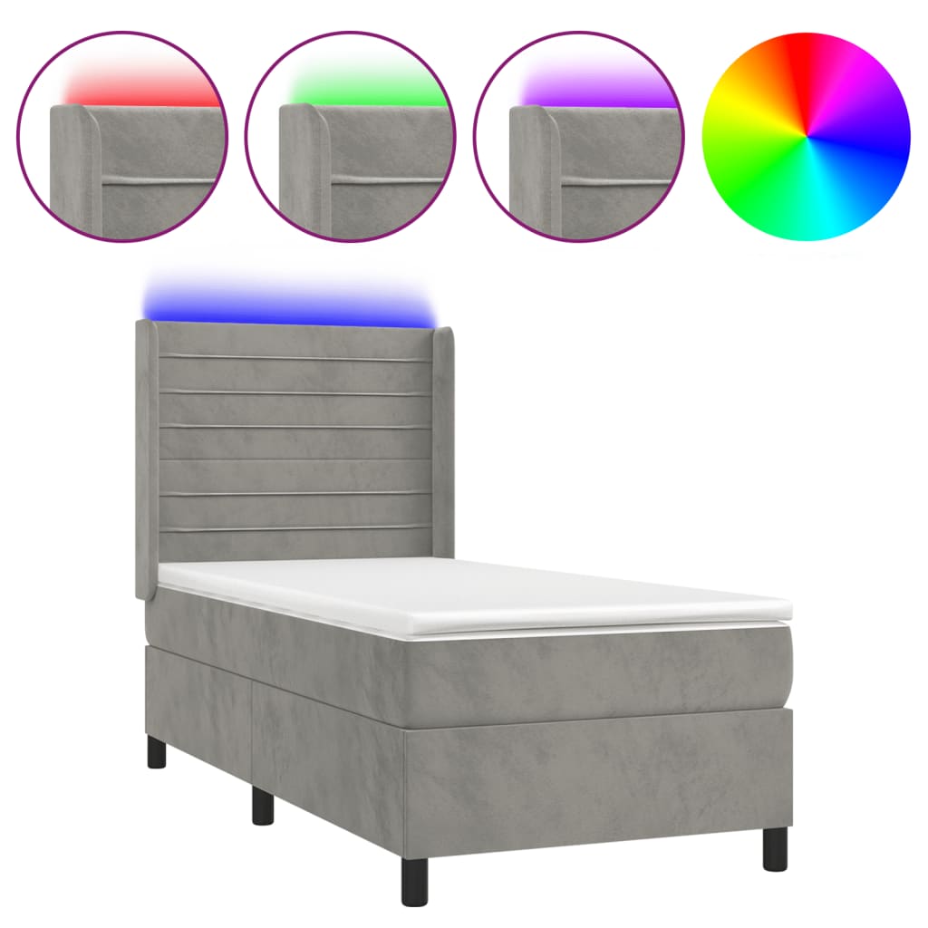 Krevet box spring s madracem LED svjetlosivi 80x200 cm baršun