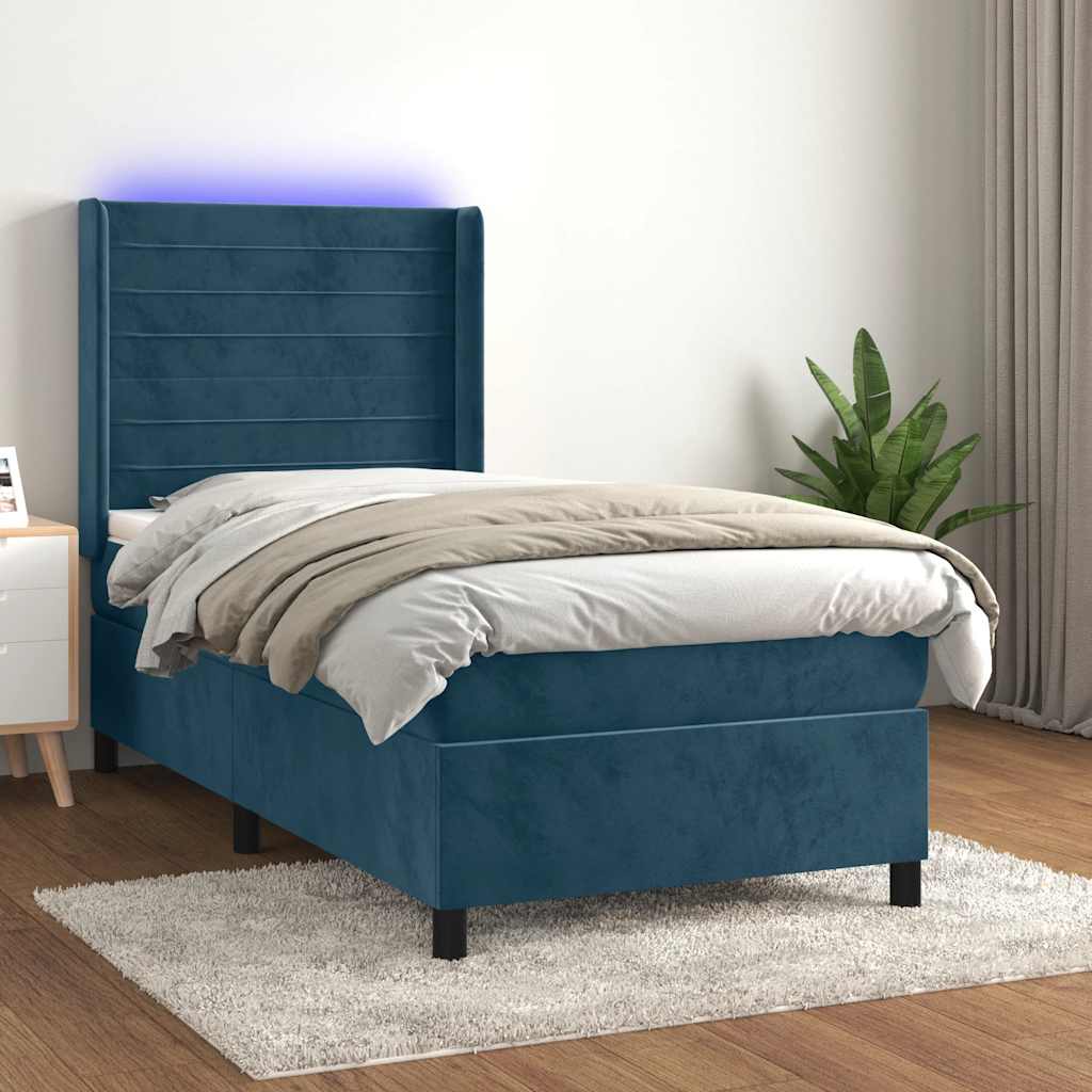 Krevet box spring s madracem LED tamnoplavi 80 x 200 cm baršun