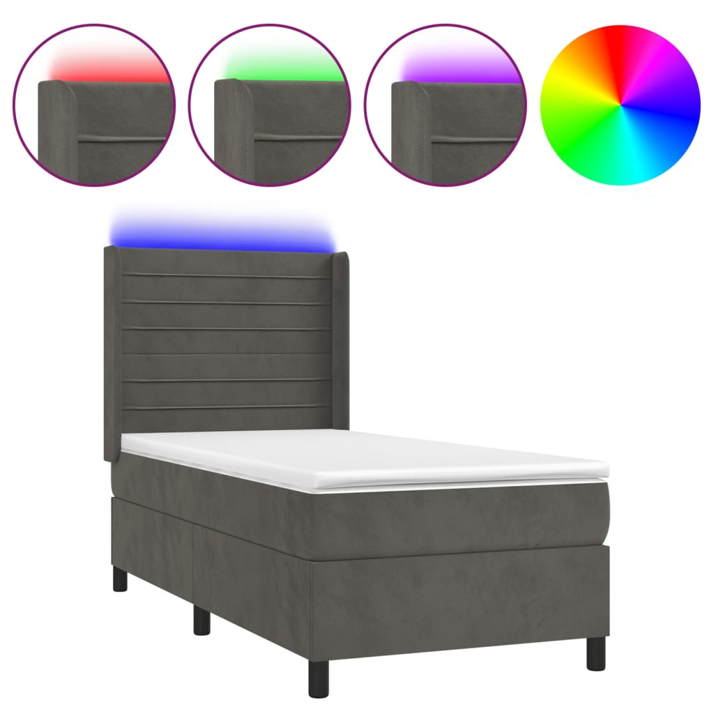 Krevet box spring s madracem LED tamnosivi 90x190 cm baršun