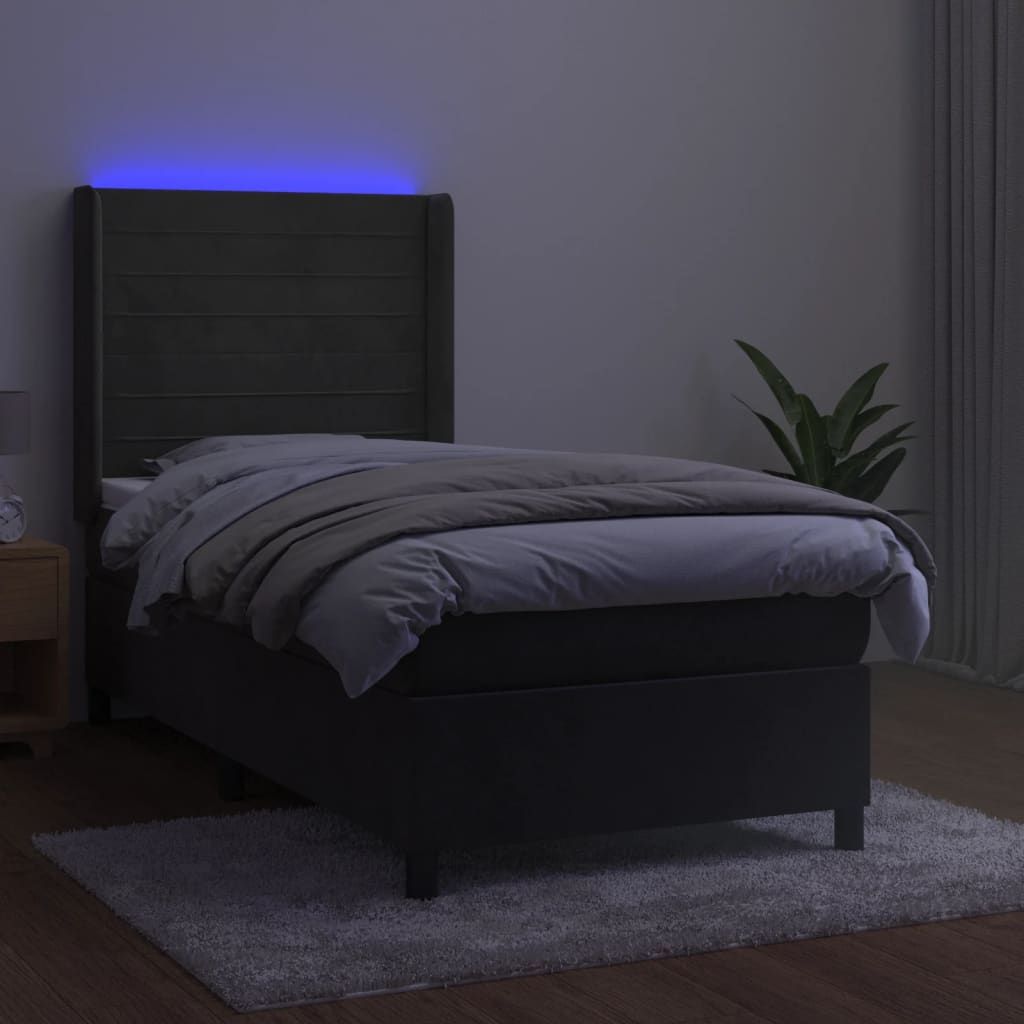 Krevet box spring s madracem LED tamnosivi 90x190 cm baršun