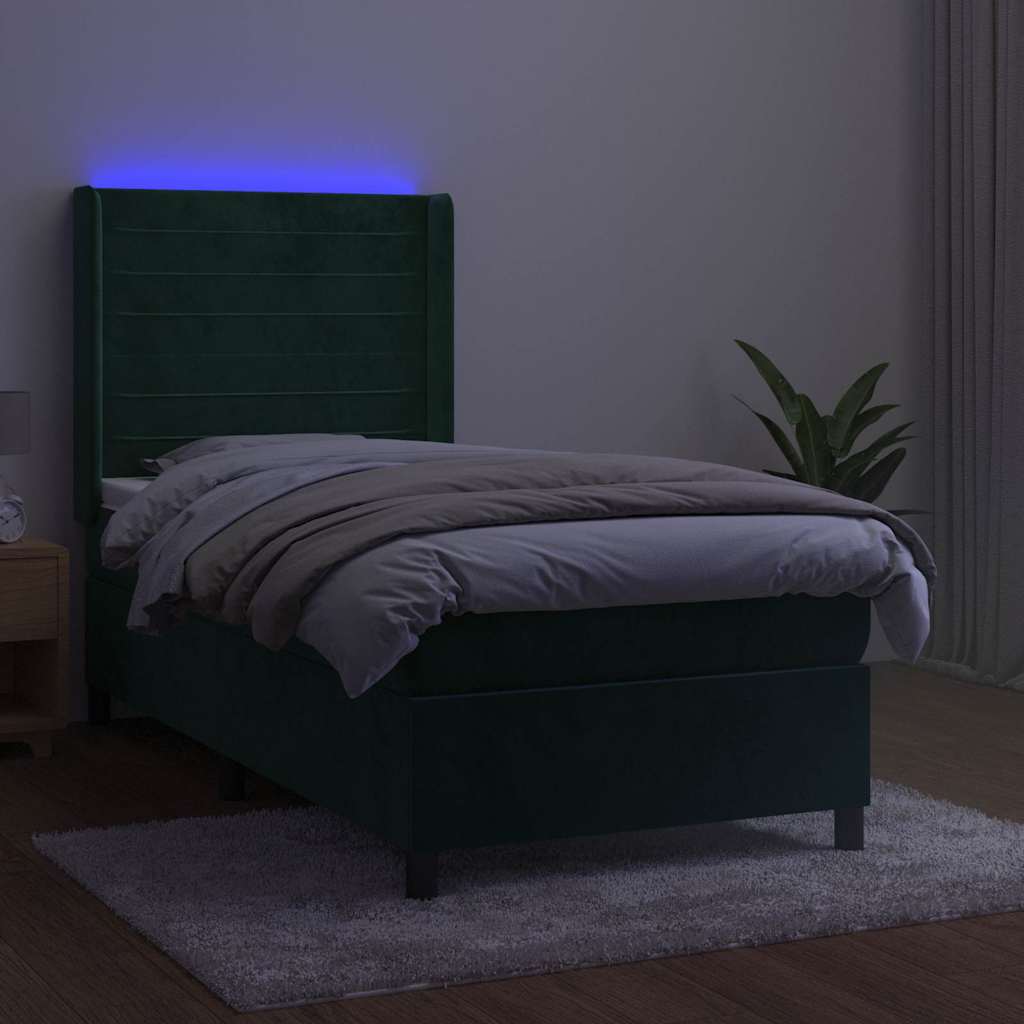 Krevet box spring s madracem LED tamnozeleni 90x190 cm baršun