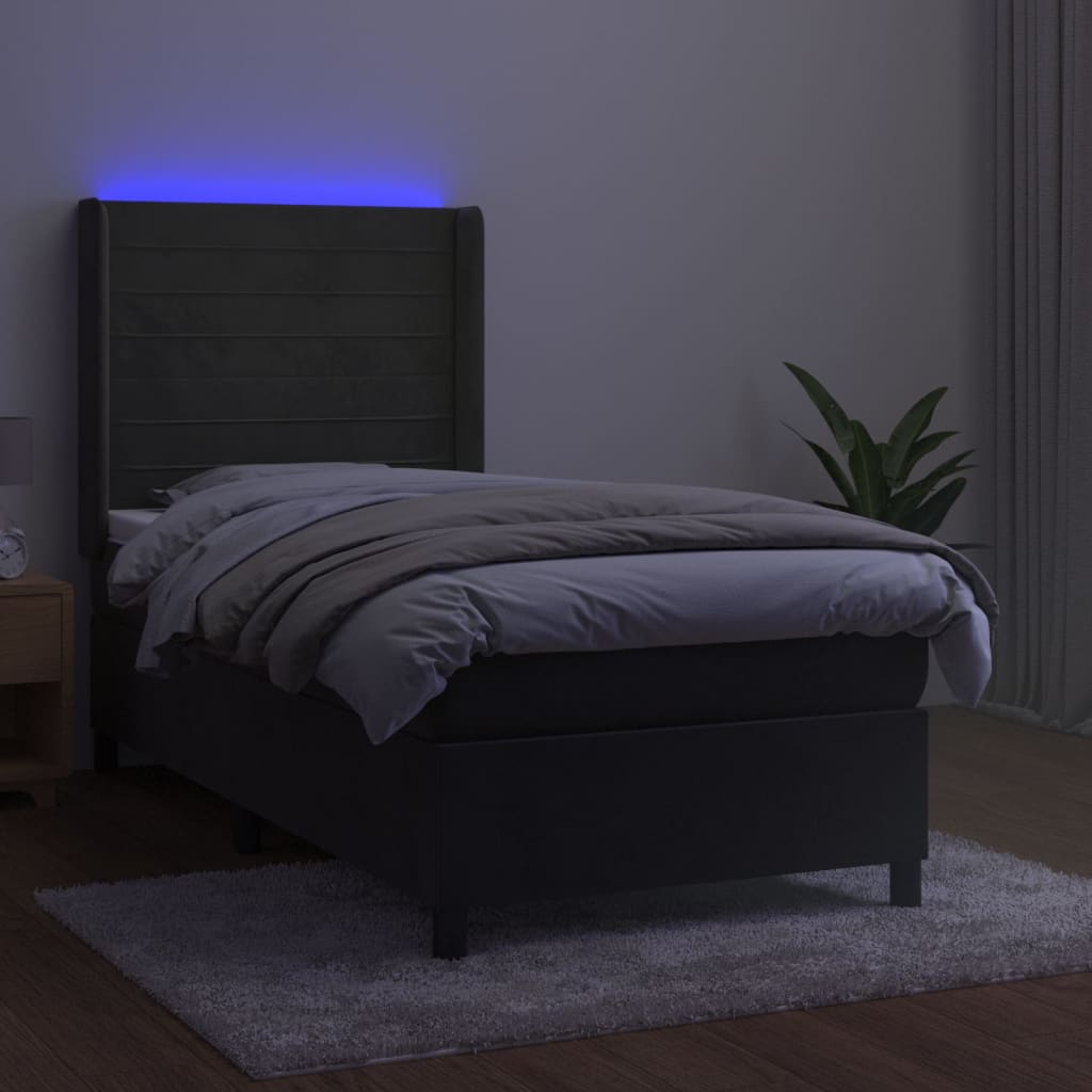 Krevet box spring s madracem LED tamnosivi 90x200 cm baršun