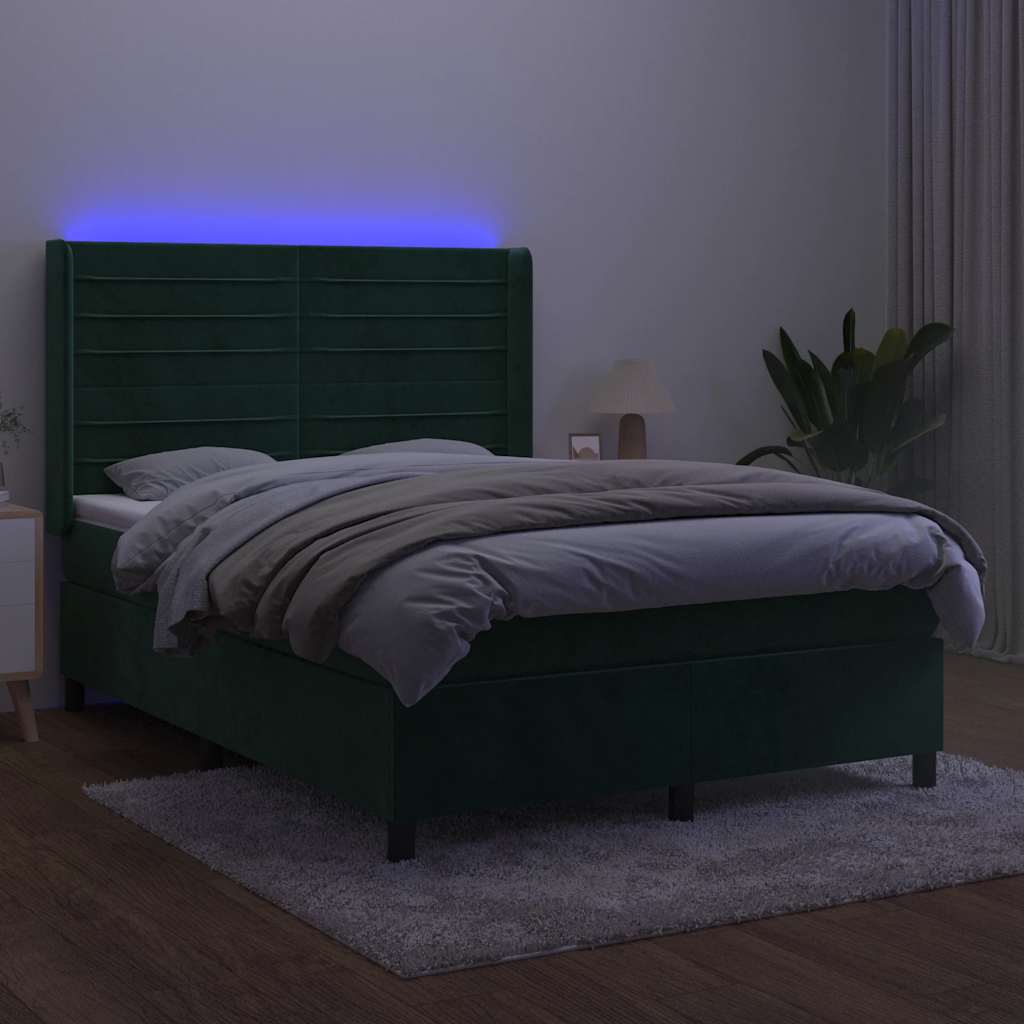 Krevet box spring s madracem LED tamnozeleni 140x190 cm baršun