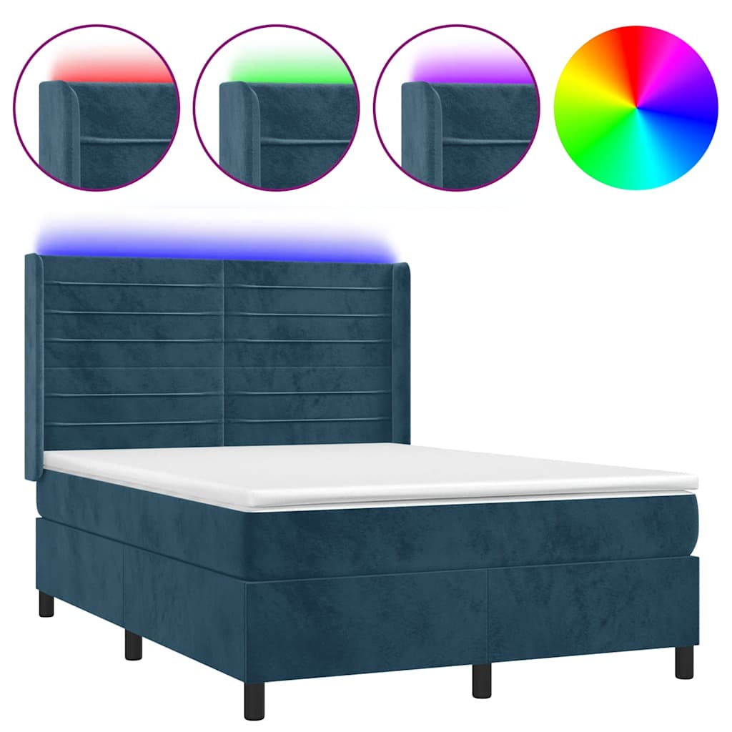 Krevet box spring s madracem LED tamnoplavi 140x190 cm baršun