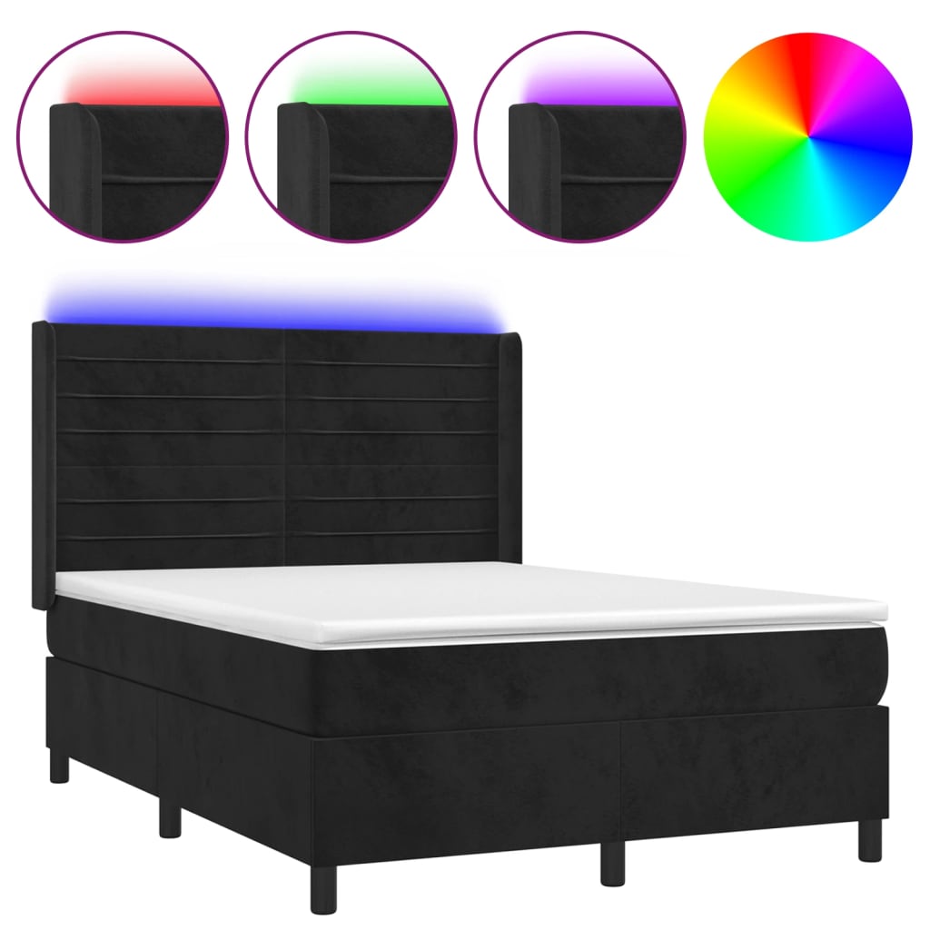 Krevet box spring s madracem LED crni 140x200 cm baršun