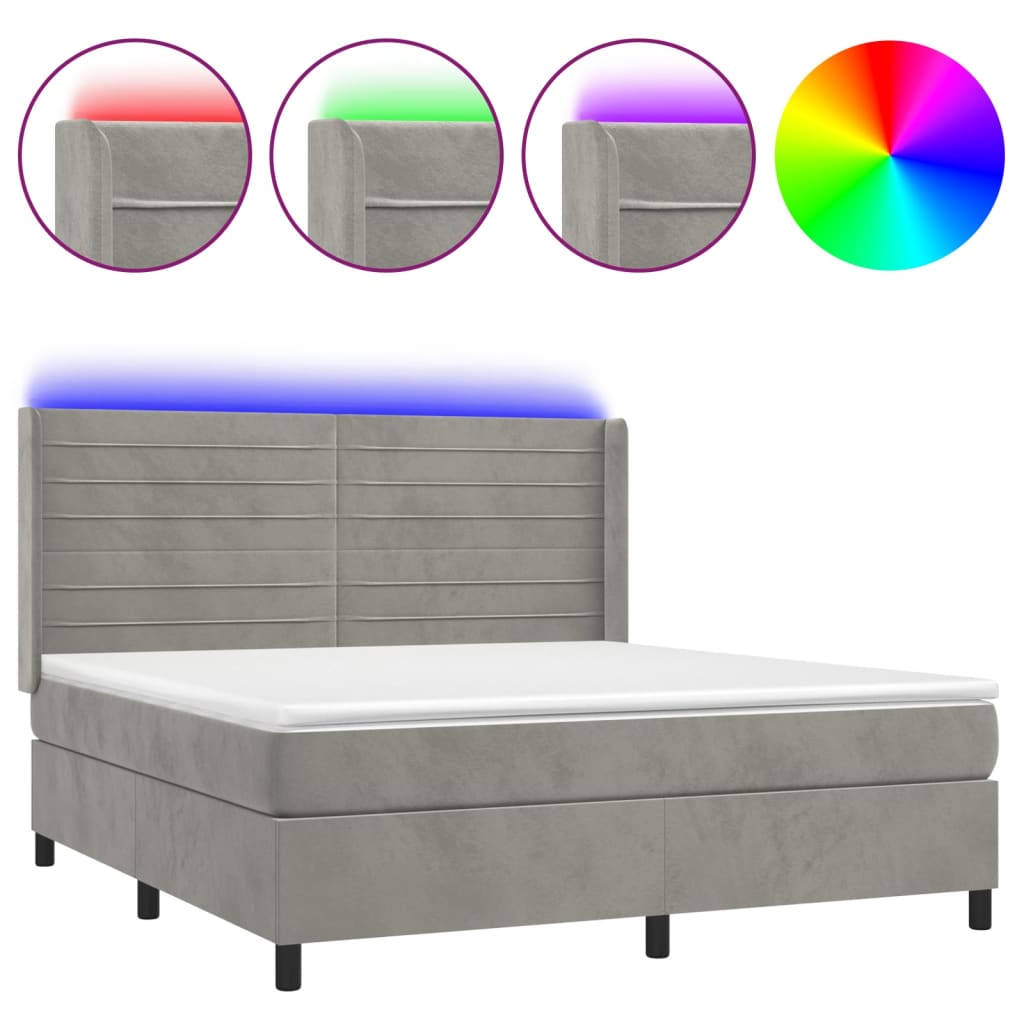 Krevet box spring s madracem LED svjetlosivi 180x200 cm baršun