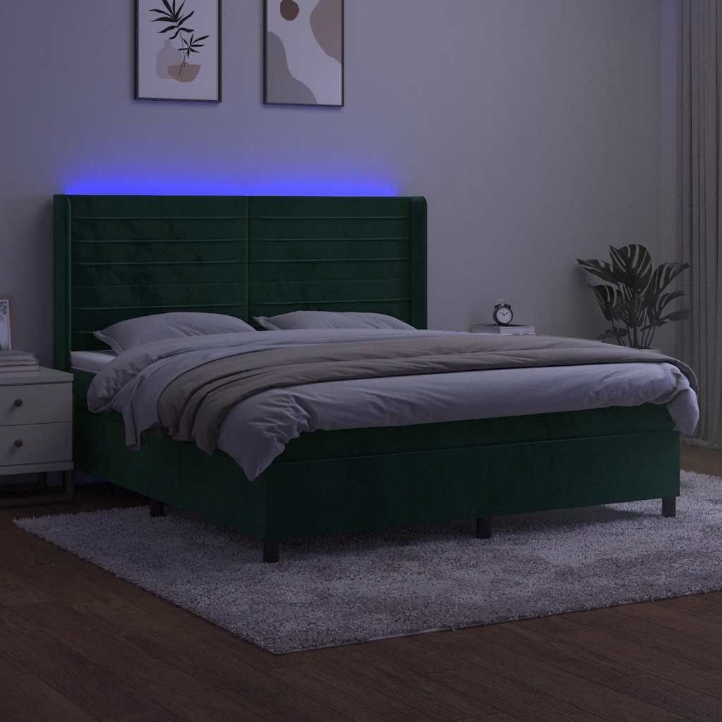 Krevet box spring s madracem LED tamnozeleni 180x200 cm baršun