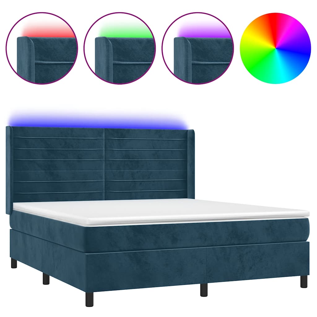 Krevet box spring s madracem LED tamnoplavi 180x200 cm baršun