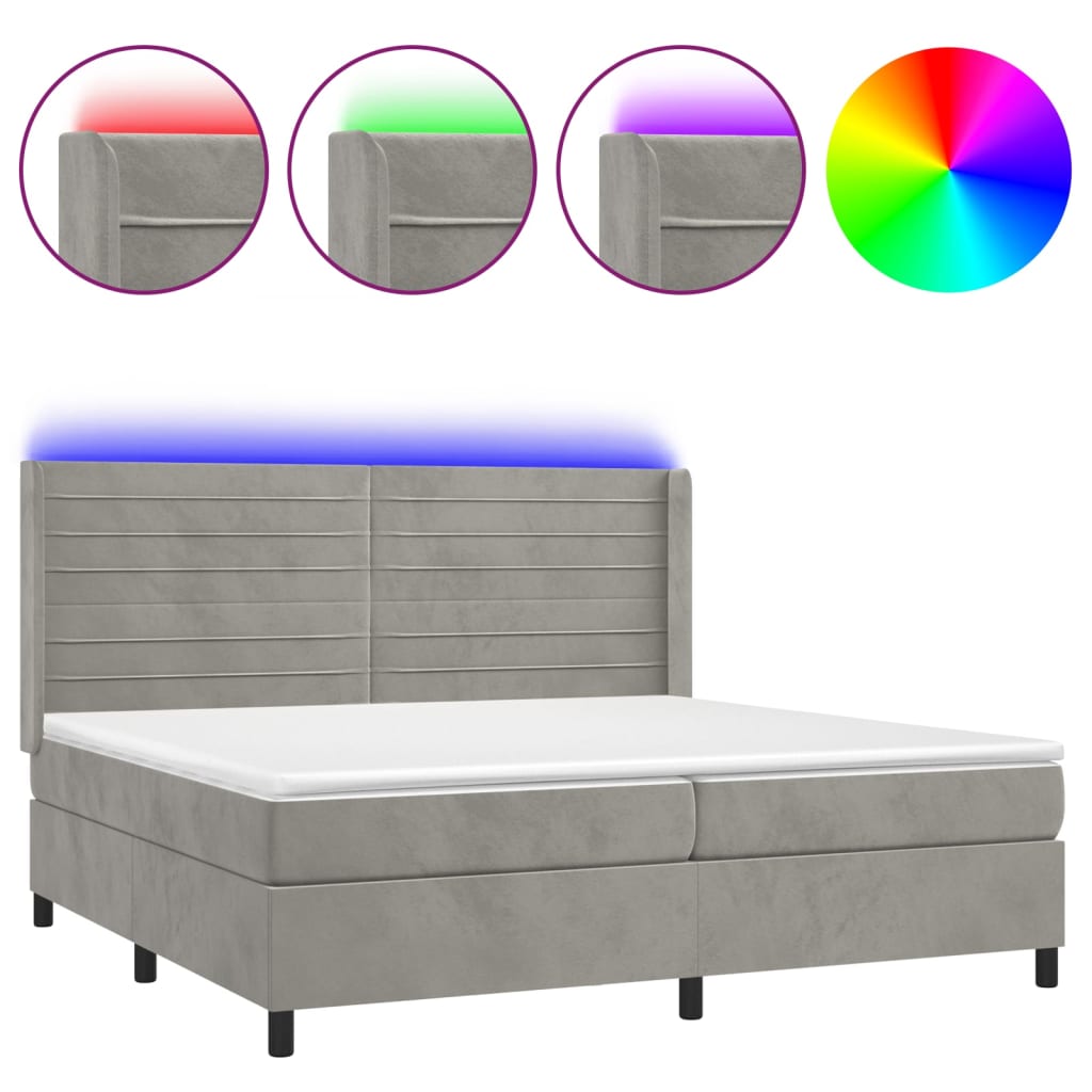 Krevet box spring s madracem LED svjetlosivi 200x200 cm baršun