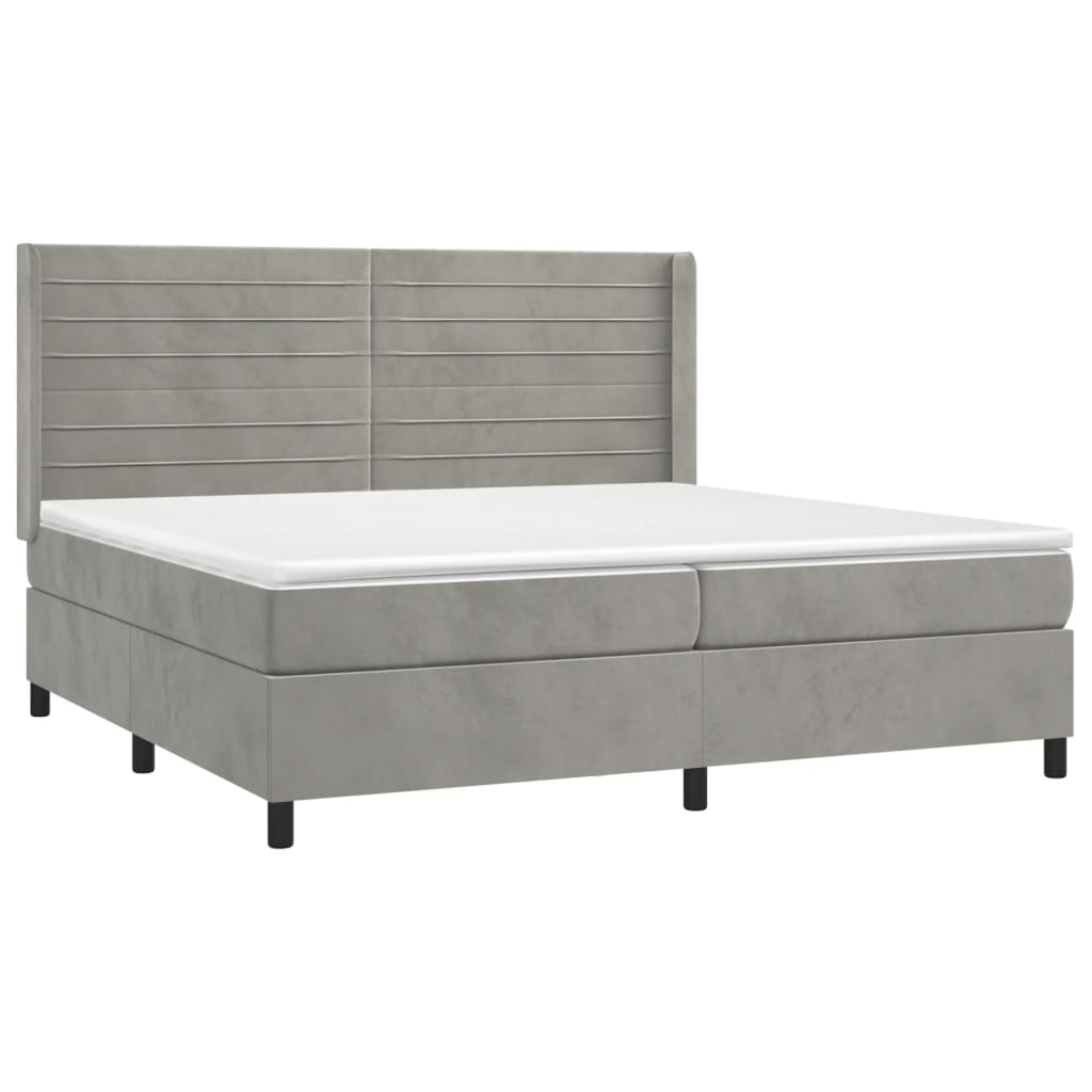 Krevet box spring s madracem LED svjetlosivi 200x200 cm baršun