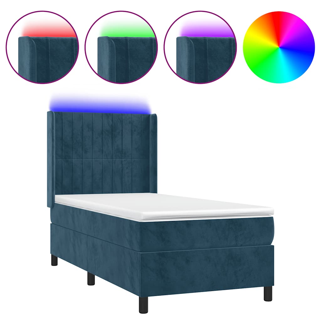 Krevet box spring s madracem LED tamnoplavi 80 x 200 cm baršun