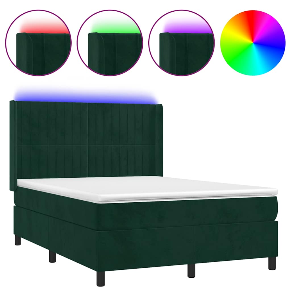 Krevet box spring s madracem LED tamnozeleni 140x190 cm baršun