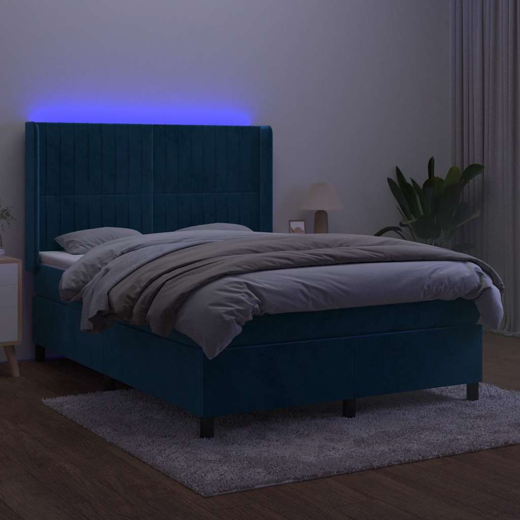 Krevet box spring s madracem LED tamnoplavi 140x190 cm baršun