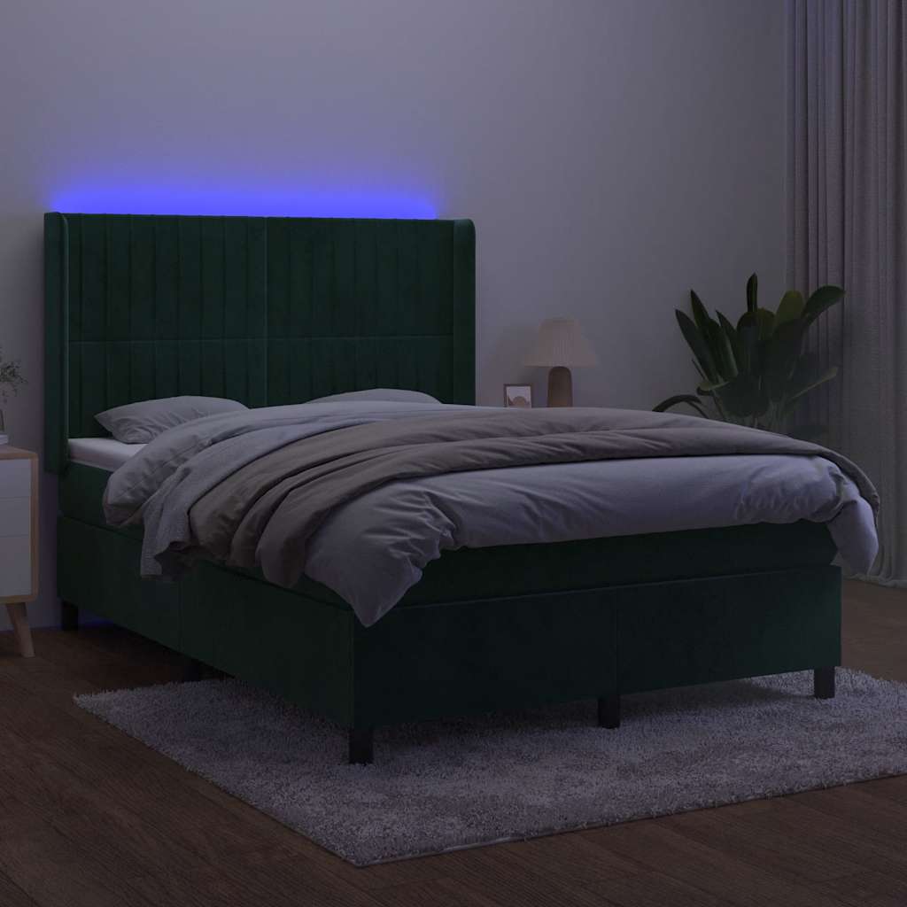 Krevet box spring s madracem LED tamnozeleni 140x200 cm baršun