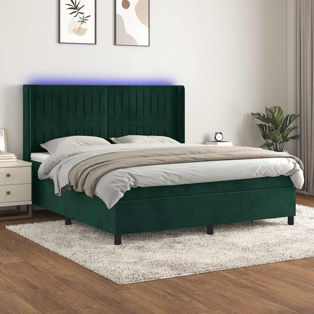 Krevet box spring s madracem LED tamnozeleni 160x200 cm baršun