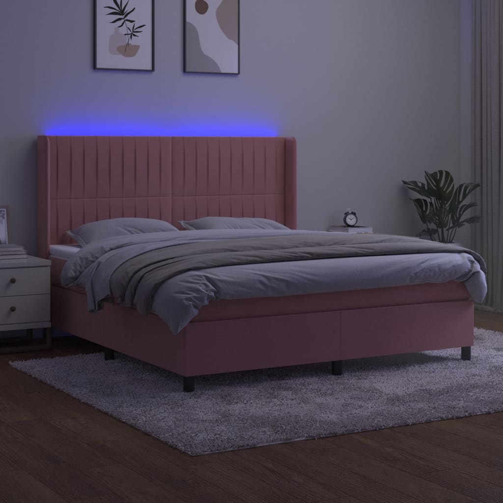 Krevet box spring s madracem LED ružičasti 160x200cm baršunasti