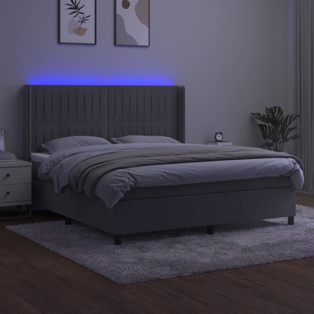 Krevet box spring s madracem LED svjetlosivi 180x200 cm baršun