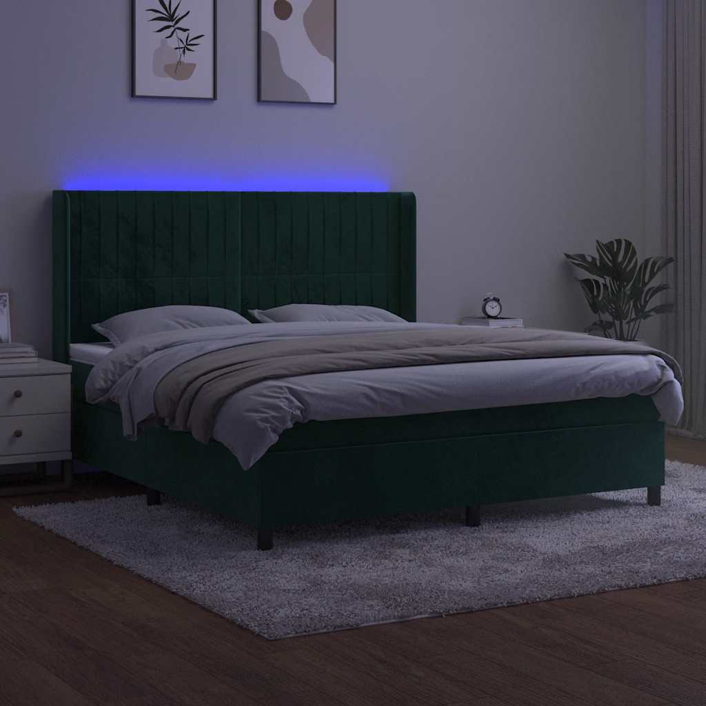 Krevet box spring s madracem LED tamnozeleni 180x200 cm baršun