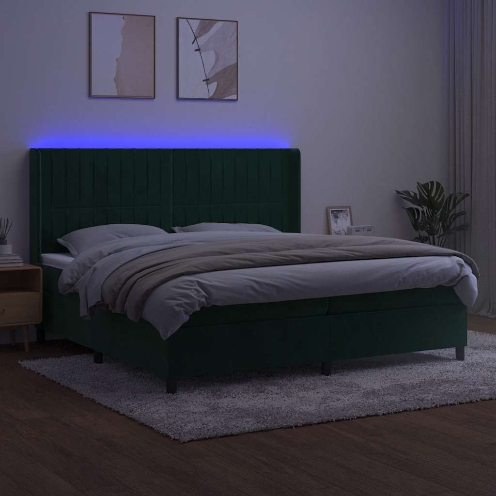 Krevet box spring s madracem LED tamnozeleni 200x200 cm baršun