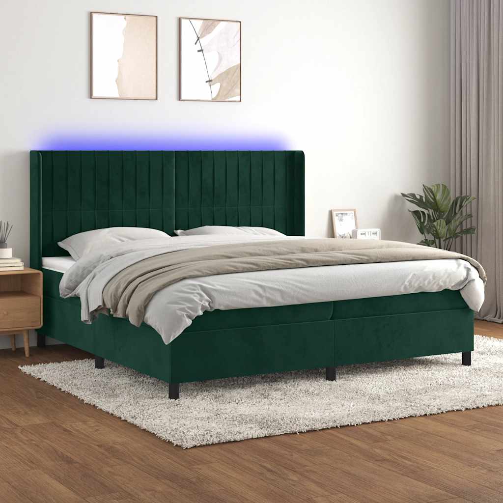 Krevet box spring s madracem LED tamnozeleni 200x200 cm baršun