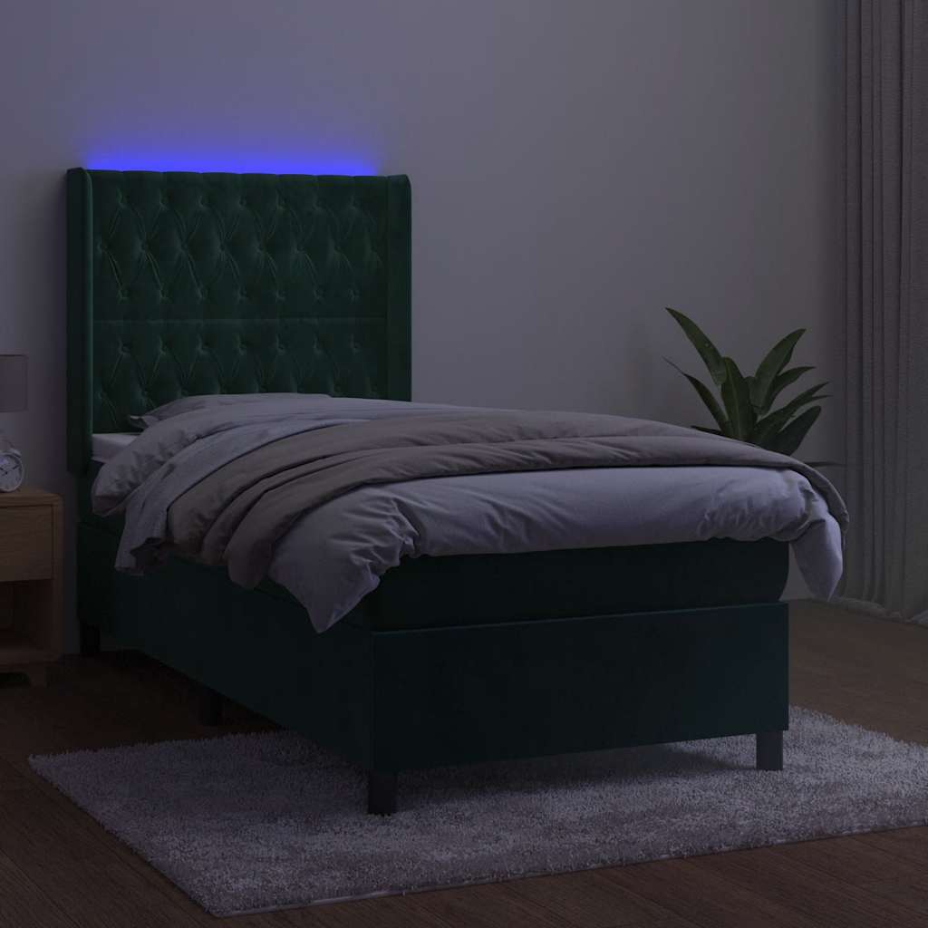 Krevet box spring s madracem LED tamnozeleni 90x190 cm baršun