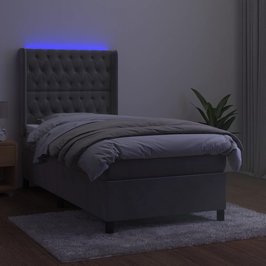 Krevet box spring s madracem LED svjetlosivi 90x200 cm baršun
