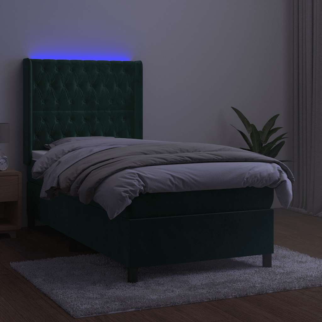 Krevet box spring s madracem LED tamnozeleni 90x200 cm baršun