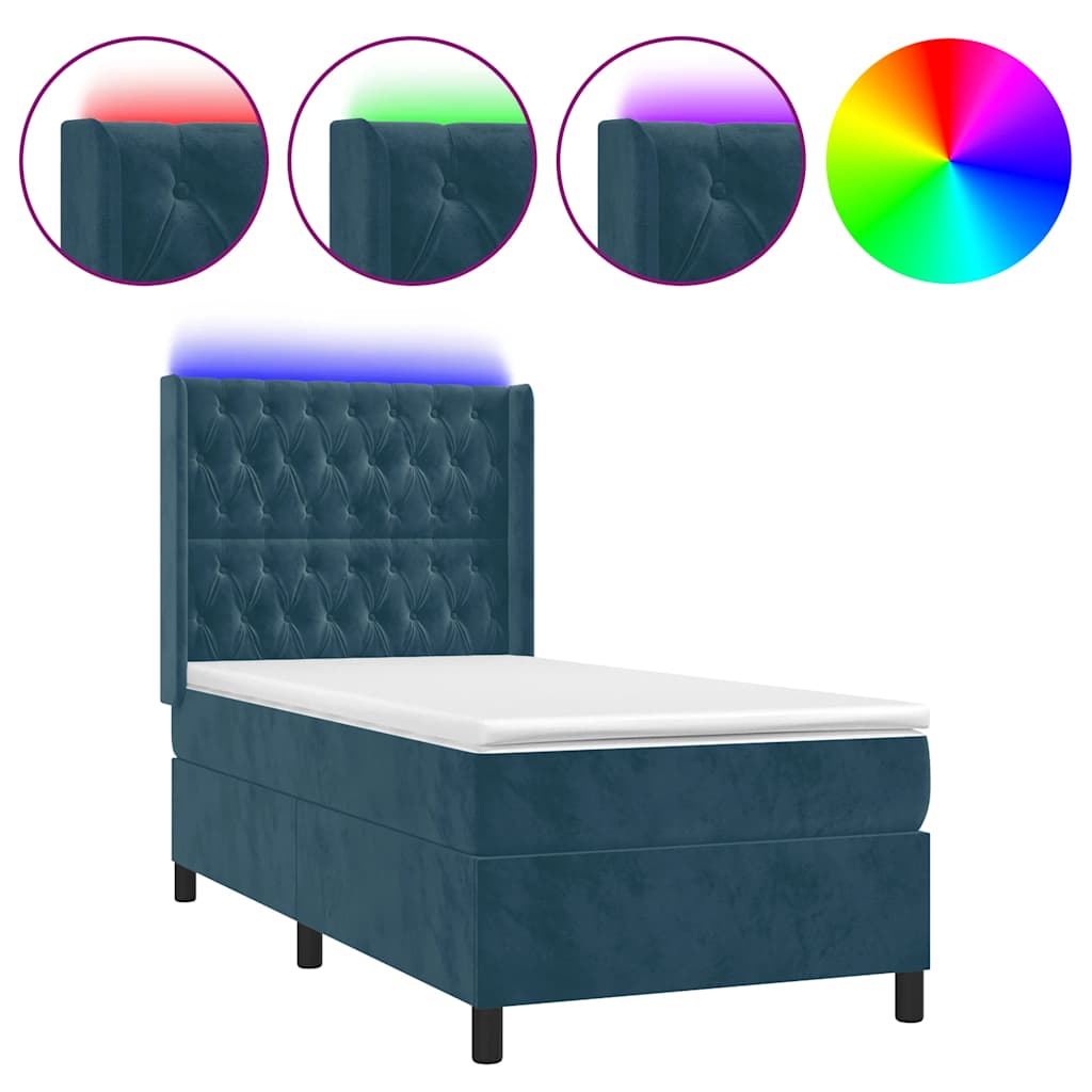 Krevet box spring s madracem LED tamnoplavi 90x200 cm baršun