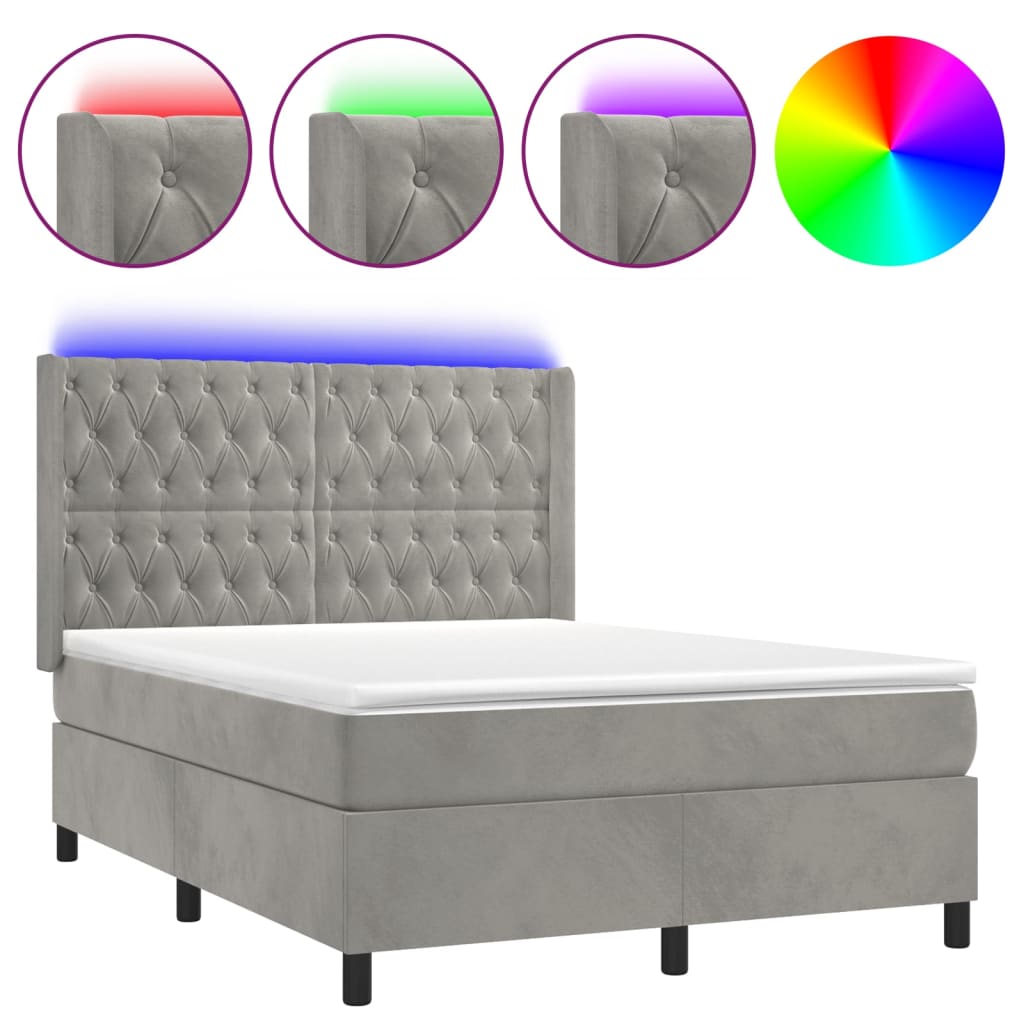 Krevet box spring s madracem LED svjetlosivi 140x190 cm baršun