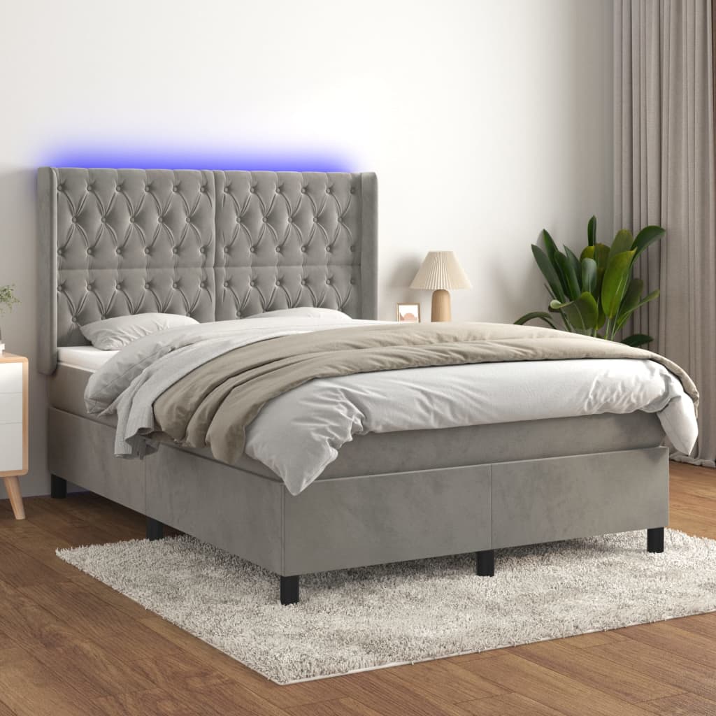 Krevet box spring s madracem LED svjetlosivi 140x190 cm baršun