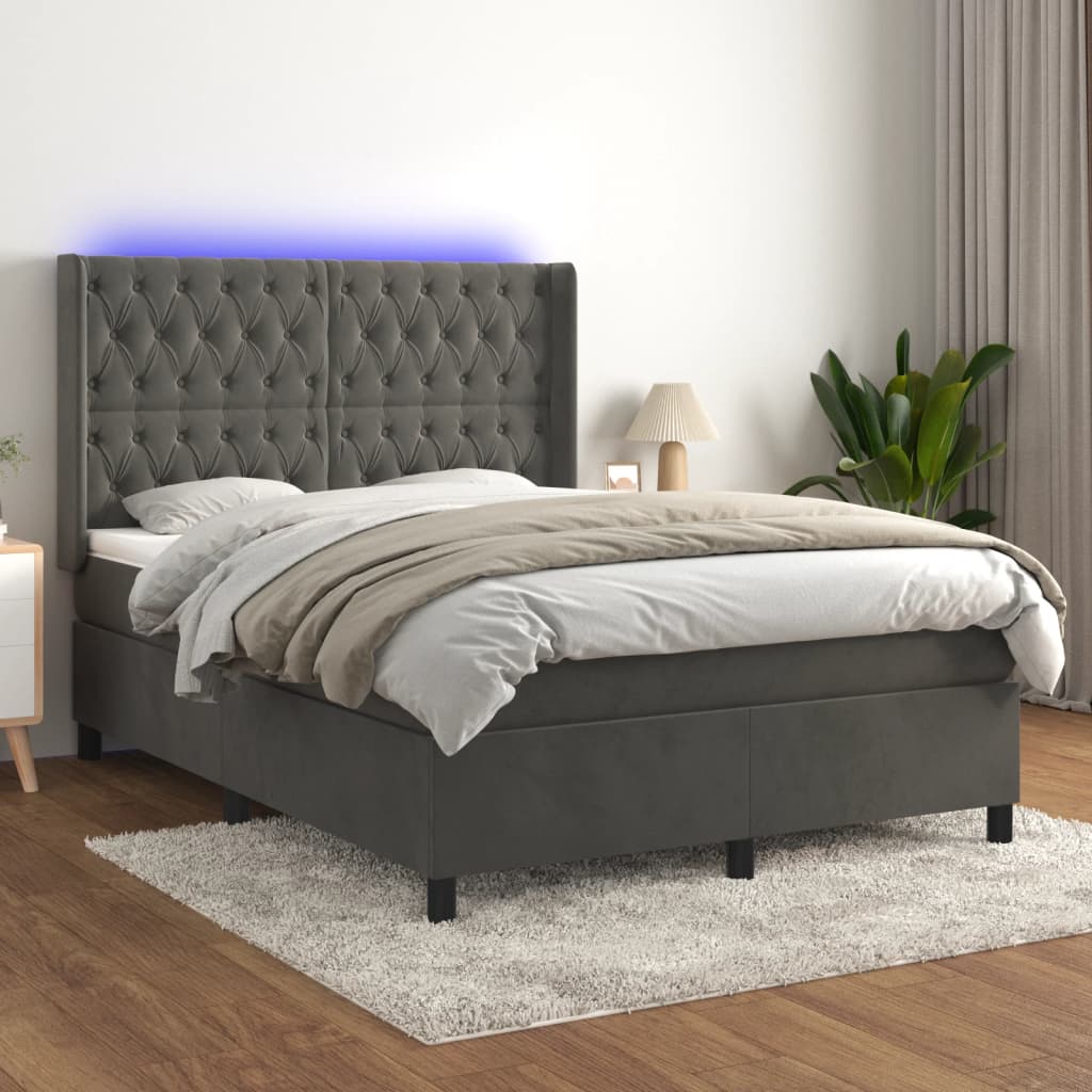 Krevet box spring s madracem LED tamnosivi 140x200 cm baršun