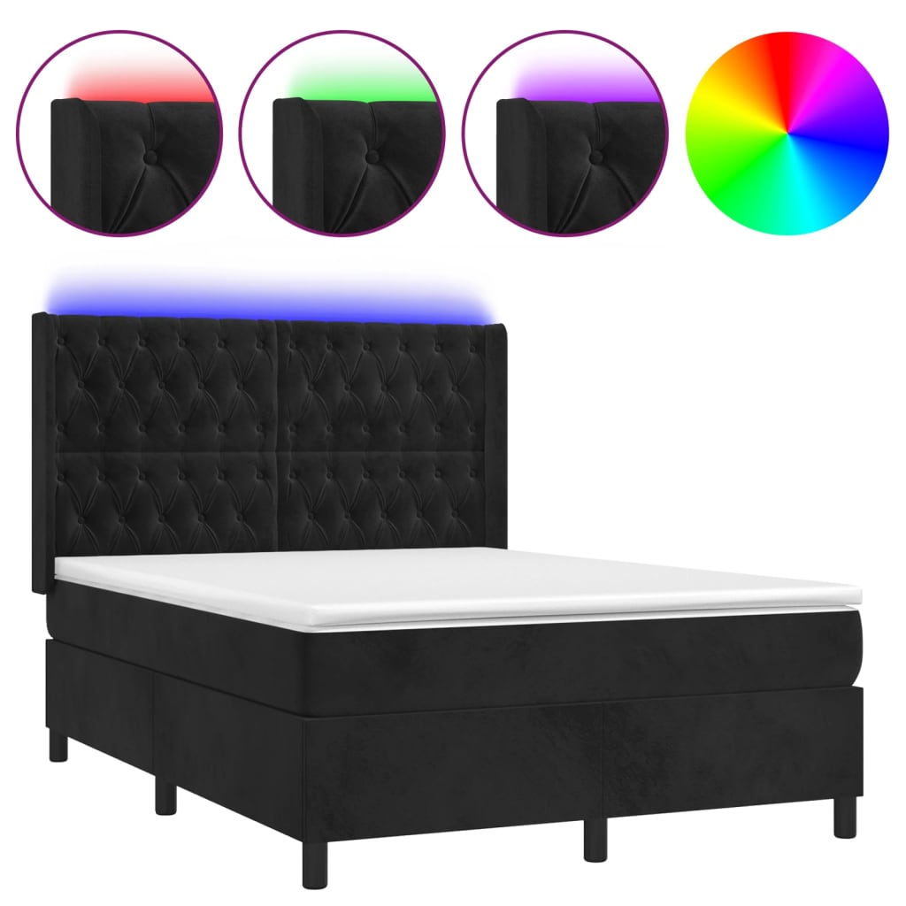 Krevet box spring s madracem LED crni 140x200 cm baršun