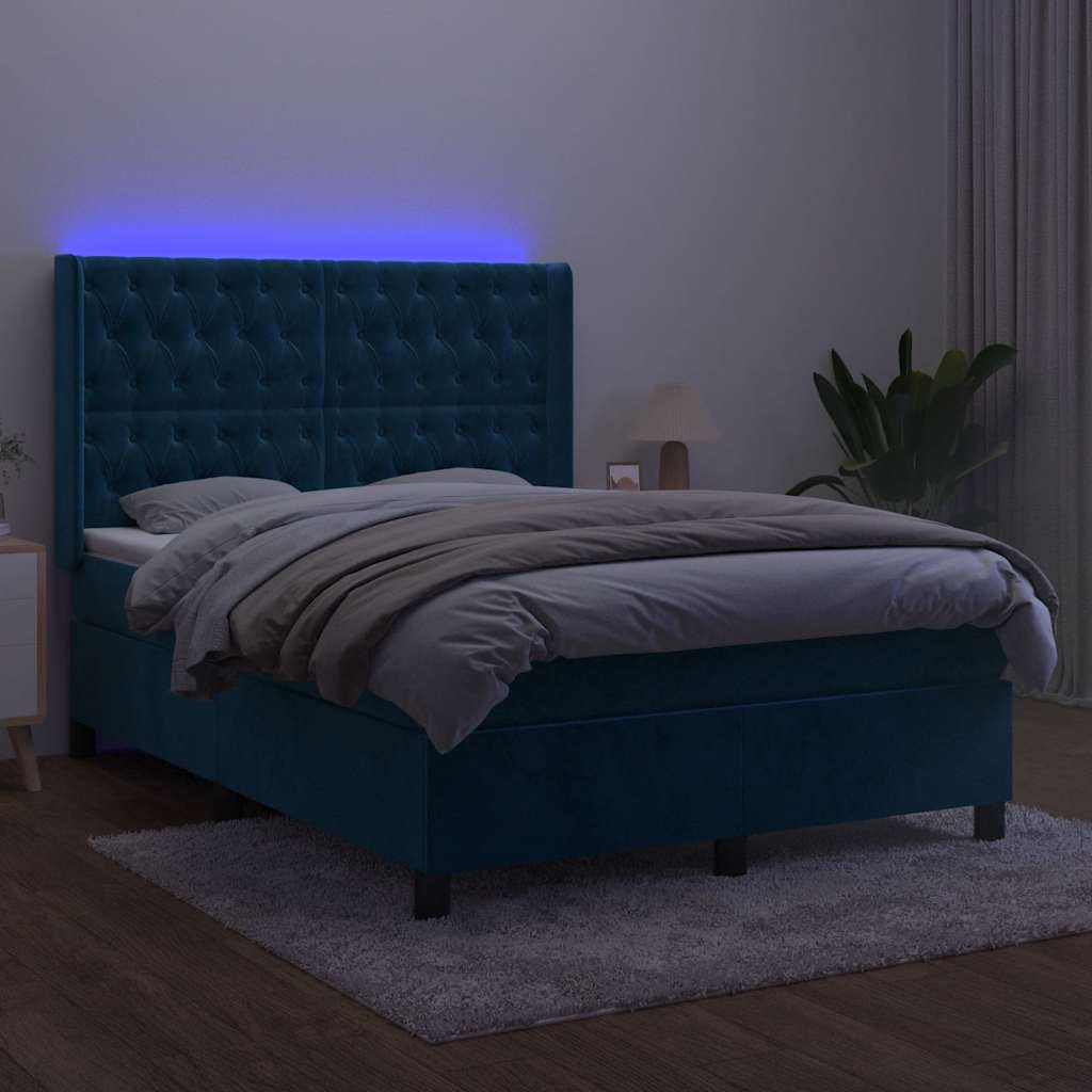 Krevet box spring s madracem LED tamnoplavi 140x200 cm baršun