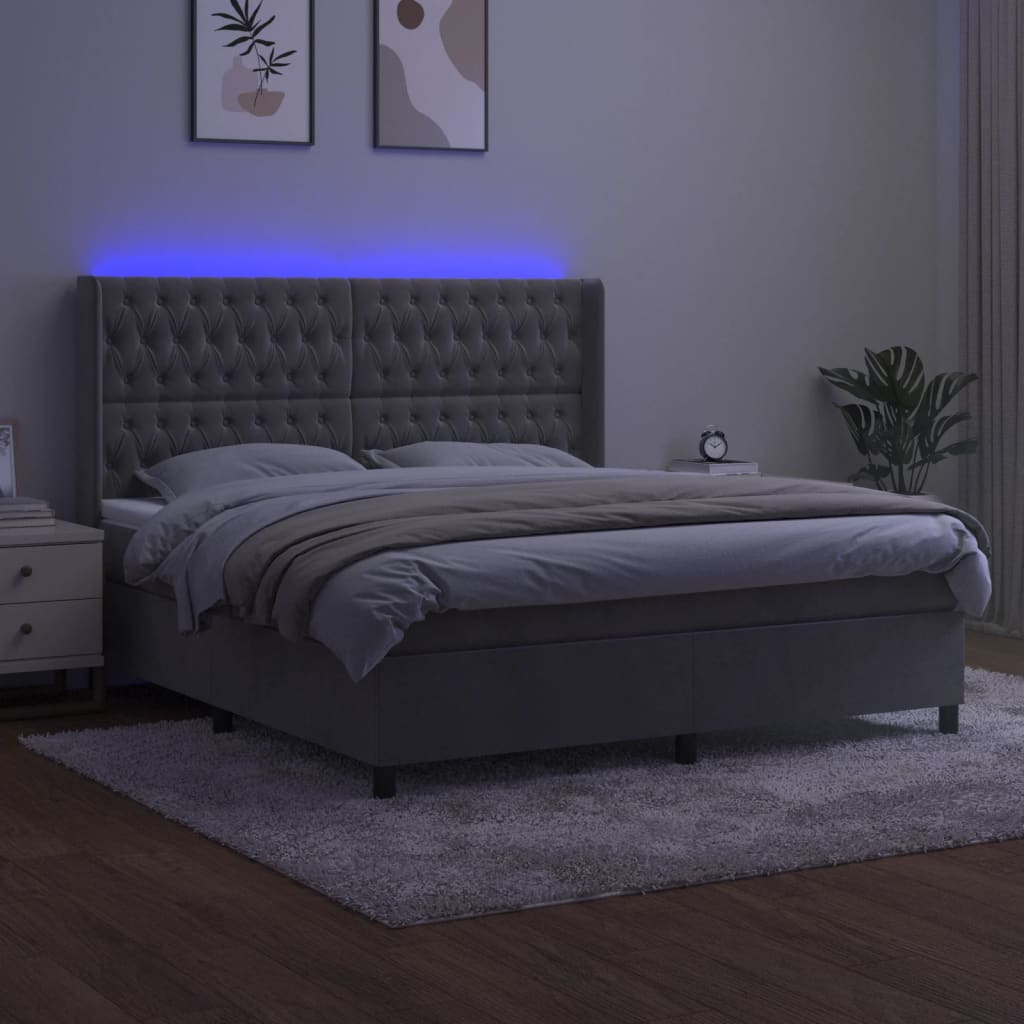 Krevet box spring s madracem LED svjetlosivi 160x200 cm baršun