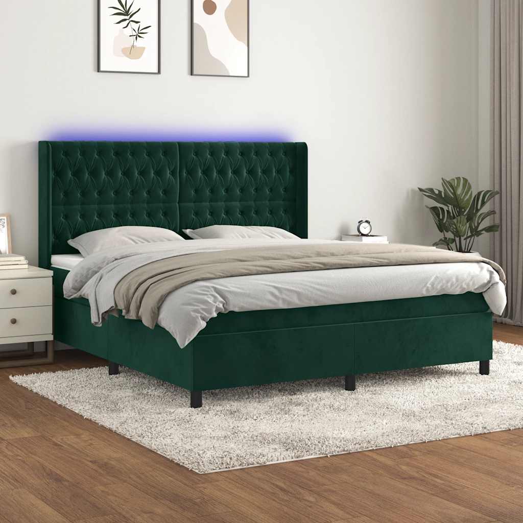 Krevet box spring s madracem LED tamnozeleni 160x200 cm baršun