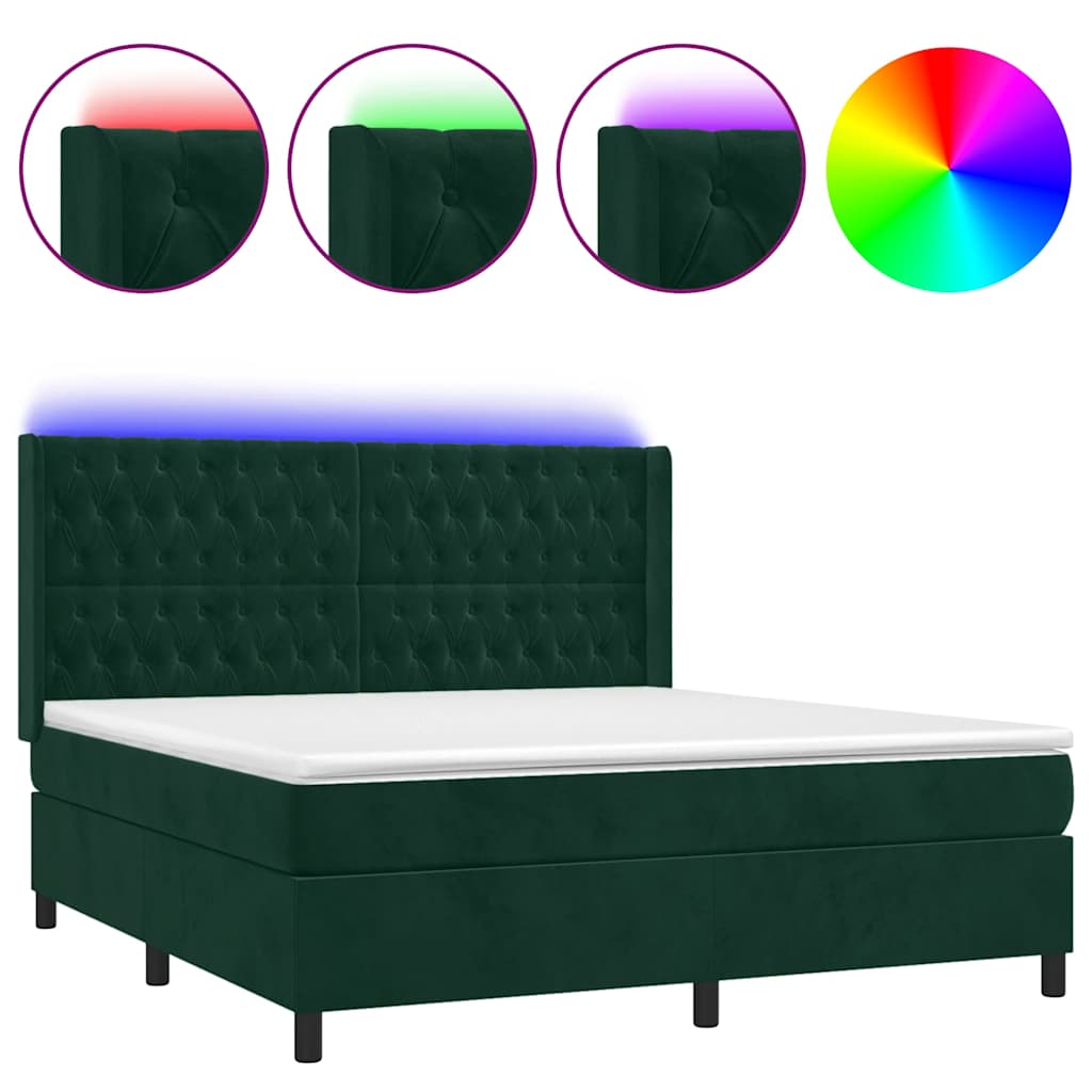 Krevet box spring s madracem LED tamnozeleni 180x200 cm baršun